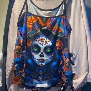 Jawbreaker Sugar Skull Day of the Dead Flare Tank Top with Lace Back